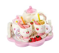 SKISUNO 1Set Wooden Pink Tea Ware for Educational Pretend Play Tea Party Accessories for Boys Ages Fashion for Imagination Fun