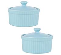 SKISUNO 2Pcs Ceramic Lidded Baking Bowls, 125ml Blue Ramekins for Desserts | Porcelain Souffle Dish Style, Ice Cream Serving Bowl, Smooth Polished Finish, Home Baking and Table Use