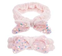SKISUNO 2pcs Sequins Bow Headband Wash Face Hair Scrunchies Soft Plush Elastic Makeup Hair Bands for Women During Skincare and Bath Pink
