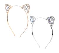 SKISUNO 2pcs Shining Cat Ear Hair Hoops with Rhinestones, Alloy Glitter Cat Ear Headbands for Women, Cosplay and Party Accessories in Gold and White