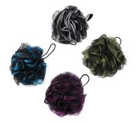 SKISUNO 4pcs Bath Shower Scrubber Set - Supple Mesh Loofahs for Body Exfoliating and Cleaning - Black with White, Green, Blue, Purple Accents - Bathroom Spa Accessories for Adults