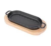 SKISUNO Cast Iron Grill Plate Steak Plate with Wood Tray Non-Stick Roasting Pan Barbecue Tray for Cooking for Your Family and Parties Black Grill Pan to Keep Food Hot Protect Table Top