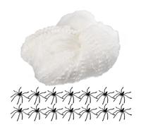 SKISUNO Glow-In-The-Dark Stretchy Spider Web Halloween Decoration Set with 300G Cobweb and 100 Black Plastic Spiders for Haunted House and Spooky Party Indoor Decor