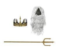 SKISUNO Sea God Trident and Gold Crown Set, 1 Set Adults Performance Props for Stage and Drama, Adjustable Fit, Easy Assembly, Includes Gray Wig and Fake Beard