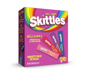 Skittles 30 Count Singles To Go Wild Berry Variety Pack, Powdered Drink Mix, Zero Sugar, Low Calorie, Includes 4 Wild Berry Flavors, 30 Total Servings