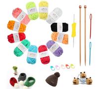 SKJAXF 21pcs Knitting Kit, Beginners Adults Children Knitting Set, Coloured Knitting Set with 12 Colour Yarn, 1 Crochet Hooks, 1 Needles, 5 Crochet Locking Stitch Markers, 2 Bamboo Knitting