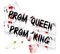 SKJIAYEE 2 Pack Halloween Prom King and Prom Queen Sashes, White Prom Sash with Black Red Printed Letter Decorations for Halloween-theme Party Supplies Gifts Jokes, Zombie Prom King Queen Sash Belt