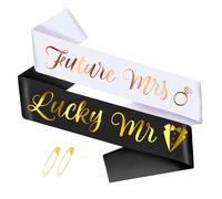 SKJIAYEE Future Mrs & Lucky Mr - Bride to Be & Groom to Be Sash Kit, Gold Glitter Bachelorette & Bachelor Sash for Wedding Bridal Shower Party Decorations Engagement Gifts (White and Black)