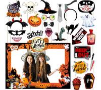 SKJIAYEE Halloween Photo Booth Props Kit - Large Size Selfie Frame & 24 Pcs Halloween Picture Props for Photoshoot Gift Box, Witch Hat Pumpkin Bat Trick or Treat Party Favors Supplies Jokes Favors