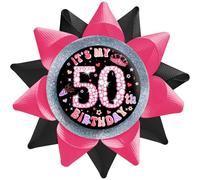 SKJIAYEE It's My 50th Birthday Buttons Pins for Women Handmade(3.8 * 3.8inch), Black Pink Grosgrain Ribbon Tinplate Badge for Girls 50th Birthday Party Decorations Supplies Ideas Gifts Jokes Favors