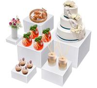 SKJJM 6Pcs Buffet Risers, White Acrylic Display Box, 3" 4” 5" 6" 7" 8" Food Display Riser Stands with Hollow Bottoms, Reusable Dessert Table Display Set for Catering Dessert Jewelry Collectibles