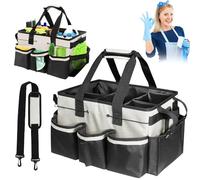 SKJJM Cleaning Caddy Bag with Handle, Large Cleaning Tote Bag Multi-Compartment with Detachable Divider,CleaningProducts Organiser, Adjustable CleaningProducts Caddy for Car Home Garden (White)