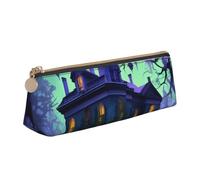 SKKNT Black Haunted Mansion Print Cosmetics Case Large Capacity Triangle Design Zippered Pen Holder for Writing Tools