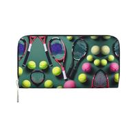 SKKNT Funny Tennis Racquets and Tennis Balls Print Spacious Trendy Leather Hand Wallet Women Wallet Clutch for Casual and Travel Use, Black, One Size, Art