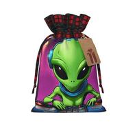 SKKNT Green Alien Printing Xmas Drawstring Gift Reusable Bag For With Christmas Anniversaries Wrapping Bags