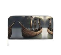 SKKNT Nordic Pirate Ship Print Spacious Trendy Leather Hand Wallet Women Wallet Clutch for Casual and Travel Use, Black, One Size, Art