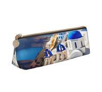 SKKNT Santorini Greek Island sea View Print Cosmetics Case Large Capacity Triangle Design Zippered Pen Holder for Writing Tools