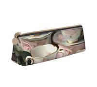 SKKNT Tea Cups with Roses Romantic Print Cosmetics Case Large Capacity Triangle Design Zippered Pen Holder for Writing Tools