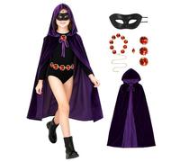 Skknuny 5PCS Raven Titans Costume Girls, Purple Cloak Witches Cape with Red Gem Belt Mask, Kids Anime Cosplay Halloween Carnival Costume (110 cm)