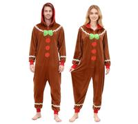 Skknuny Adult Gingerbread Costume, Plush Flannel Christmas Onesie, One-Piece Cosplay Pyjamas for Xmas Cosplay Party (UK, Alpha, L, Regular, Regular)