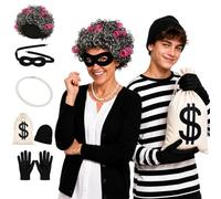 Skknuny Gangster Granny Costume Set, World Book Day Costumes for Adults Grey Wig Robber Eye Mask Swag Bag for Halloween (Granny Gangsta C)