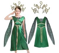 Skknuny Girls Medusa Dress for Kids Halloween Costume with Gold Snakes Headband Necklace Greek Mythology Goddess Outfit (M)