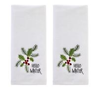 SKL Home Christmas Hello Winter Holly 3D Hand Towel 2pc Set for Bath/Kitchen/Bar & Gift, White