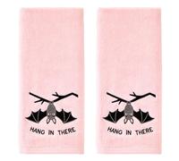 SKL Home Halloween Hang in There Bat 100% Cotton Embroidered 2pc Hand Towel Set, Decorative for Bath/Kitchen/Bar & Gift, Pink