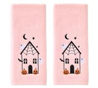 SKL Home Halloween Haunted House 100% Cotton Embroidered 2pc Hand Towel Set, Decorative for Bath/Kitchen/Bar & Gift, Pink
