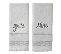 SKL Home Yours & Mine Hand Towel Set, White | 600 GSM weight. Soft & absorbent terry with embroidery & fringed hem. Great for the bathroom, kitchen or bar & gifting.