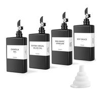 Skleptix 4pack Square Glass Oil Dispenser,Black Kitchen Olive Oil Bottle with Plum-Shaped Auto-Open Pourer, Oil and Vinegar Dispenser Set with Silicone Funnel&40 Waterproof Labels(350ml/11.8 oz)