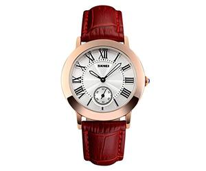 SKMEI Beautiful Women's Quartz Watch Rose Gold Roman Numerals Brown Genuine Leather Strap with Mini Dial Seconds Hand (Red)