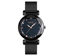 SKMEI Ladies Black Watches Starry Sky Fashion Analog Waterproof Stardust Casual Luminous Women Wrist Watch with Stainless Steel Mesh Band Elegant Dress Quartz Watch