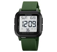 SKMEI Men Digital Sports Watch Ultra-Thin Large Face Waterproof Wrist Watches for Men with Stopwatch Countdown Timer Alarm Function Dual Time LED Back Light, Armygreen White, 1.89*1.57*0.43 inch, Sports