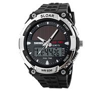 SKMEI Men Watch Solar Powered Wtach Quartz Dual Time Sports Waterproof Wristwatch Silver, silver