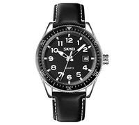 SKMEI Men Watches Black Leather Band Sports Large Big Face Luxury Waterproof Luminous Fashion Dress Casual Analog Quartz Chronograph Father Gifts Wrist Watch, Black strap silver case, classic