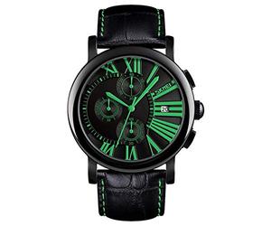 SKMEI Mens Black Green Watch Chronograph Genuine Leather Strap Date Display SK9196BLA