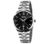SKMEI Men's Brand Luminous Business Watch Waterproof Stainless Steel Band Date Display Quartz Wristwatch, Silver+Black, Classic