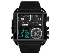 SKMEI Men's Digital Sports Watch LED Square Large Dial Analogue Quartz Wrist Watch with Multi-Time Zone Waterproof Stopwatch Black