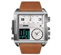 SKMEI Men's Digital Sports Watch LED Square Large Dial Analogue Quartz Wrist Watch with Multi-Time Zone Waterproof Stopwatch Silver Brown