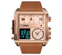 SKMEI Men's Digital Sports Watch, LED Square Large Face Analog Quartz Wrist Watch with Multi-Time Zone Waterproof Stopwatch (Rose Gold Brown)