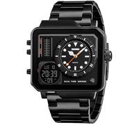 SKMEI Men's Digital Sports Watch, LED Square Large Face Analog Quartz Wrist Watch with Multi-Time Zone Waterproof Stopwatch, Steel Black, 2*1.89*0.55 inch, Classic