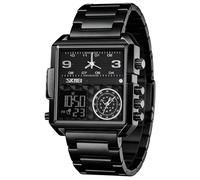 SKMEI Men's Digital Sports Watch, LED Square Large Face Analog Quartz Wrist Watch with Multi-Time Zone Waterproof Stopwatch, Black Steel-light, 1.78*1.61*0.55 Inch, business