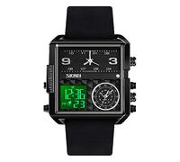 SKMEI Men's Digital Sports Watch, LED Square Large Face Analog Quartz Wrist Watch with Multi-Time Zone Waterproof Stopwatch, Black Leather-light, 1.78*1.61*0.55 inch, business