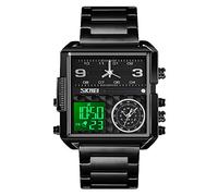 SKMEI Men's Digital Sports Watch, LED Square Large Face Analog Quartz Wrist Watch with Multi-Time Zone Waterproof Stopwatch, Black Steel-light, 1.78*1.61*0.55 inch, business