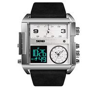 SKMEI Men's Digital Sports Watch, LED Square Large Face Analog Quartz Wrist Watch with Multi-Time Zone Waterproof Stopwatch (Silver Black)