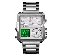 SKMEI Men's Digital Sports Watch, LED Square Large Face Analog Quartz Wrist Watch with Multi-Time Zone Waterproof Stopwatch, Silver-light, 1.78*1.61*0.55 inch, business