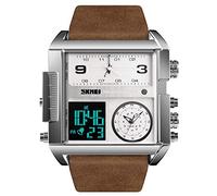 SKMEI Men's Digital Sports Watch, LED Square Large Face Analog Quartz Wrist Watch with Multi-Time Zone Waterproof Stopwatch (Silver Coffee)