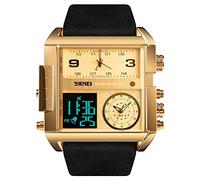 SKMEI Men's Digital Sports Watch, LED Square Large Face Analog Quartz Wrist Watch with Multi-Time Zone Waterproof Stopwatch (Golden Black)
