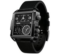 SKMEI Men's Digital Sports Watch, LED Square Large Face Analog Quartz Wrist Watch with Multi-Time Zone Waterproof Stopwatch, Black Leather-light, 1.78*1.61*0.55 inch, business